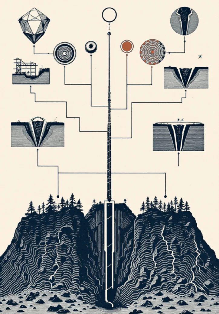 An editorial illustration: a vertical drill core rises from a wooded ridge and branches into a row of seven mining-derived outcomes at the top, evoking the forking paths of a permit decision.